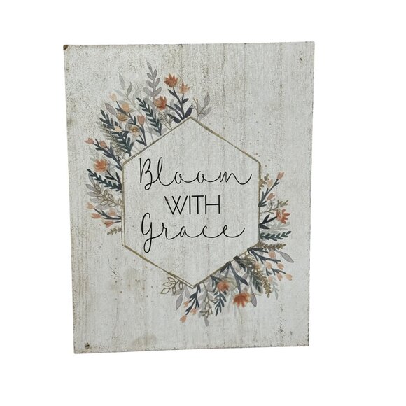 Bloom With Grace Wooden Wall Art Decor - Floral Hexagon Design 9" x 7" READ - Picture 1 of 14